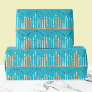 Papel De Presente Feliz Hanukkah Menorah Turquesa Moderna festiva