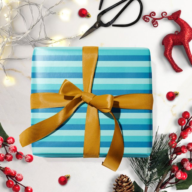 Papel De Presente Feliz Hanukkah | Padrão Listrado Azul e Turquesa (Criador carregado)