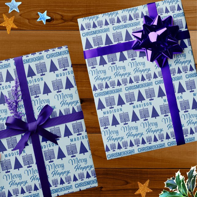 Papel De Presente Feliz Marinho Interreligioso Nome Chrismukkah (Add a child's name to this fun Chrismukkah wrapping paper perfect for interfaith holiday families)