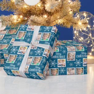 Papel De Presente Feliz Natal 4 Fotos Floco de Neve Natal Azul