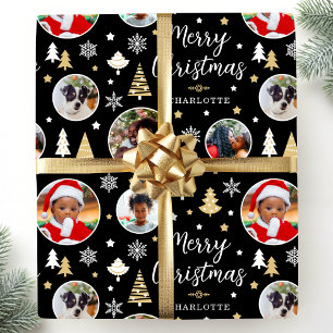 Papel De Presente Feliz Natal Árvores Festivas Foto: Preto