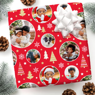 Papel De Presente Feliz Natal Árvores Neves Flocos Fotográficos Verm