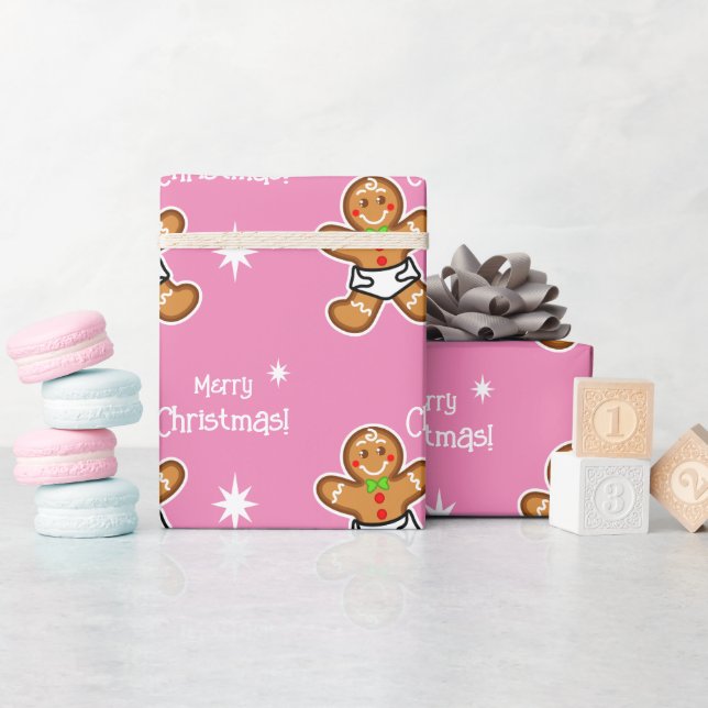 Papel De Presente Feliz Natal!Bebê Gingerpão a rosa editável (Chá de bebê)