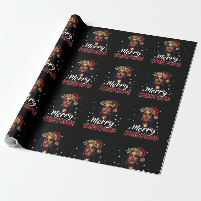 Papel De Presente Feliz Natal Black Women African Santa Hat Leop (Desenrolado)