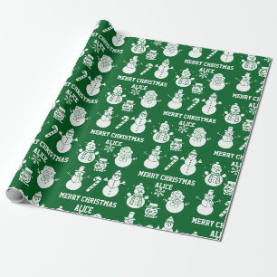 Papel De Presente Feliz Natal Boneco de Neve Fofo Nome Xmas Verde