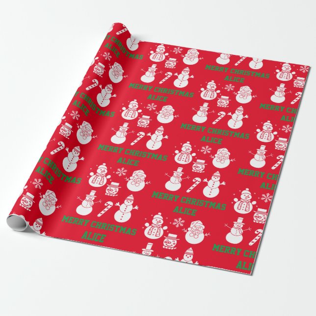 Papel De Presente Feliz Natal Bonito Snowman Nome Xmas Vermelho Fest (Desenrolado)