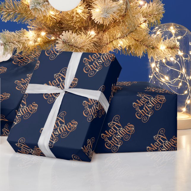 Papel De Presente Feliz Natal Brilhante Texto Dourado Escuro Azul (Feriados)