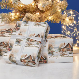 Papel De Presente Feliz Natal Cabine na paisagem nevada