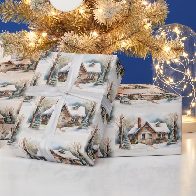 Papel De Presente Feliz Natal Cabine na paisagem nevada (Feriados)