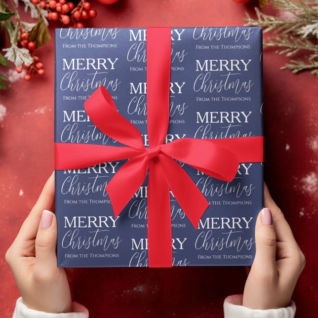 Papel De Presente Feliz Natal Caligrafia Azul (Merry Christmas calligraphy script navy blue wrapping paper)