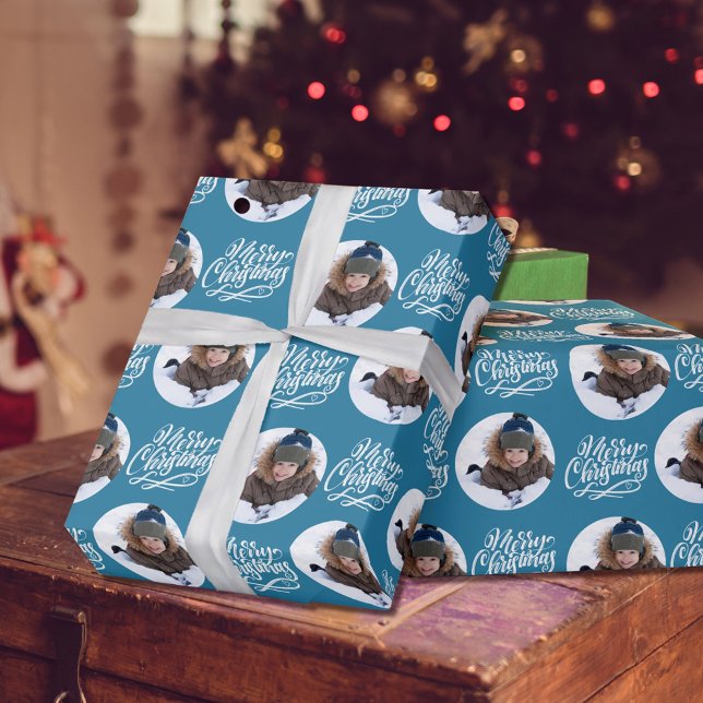 Papel De Presente Feliz Natal Caligrafia Rodada Foto Azul (Criador carregado)