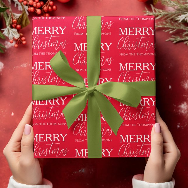 Papel De Presente Feliz Natal Caligráfico Roteiro Vermelho Whimsical (Merry Christmas calligraphy script custom wrapping paper. )