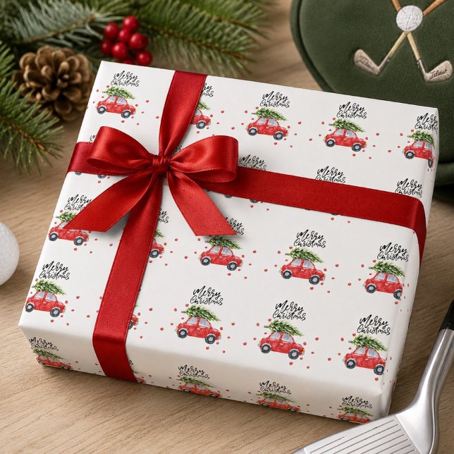 Papel De Presente Feliz Natal carro vermelho com árvore de Natal   (Criador carregado)
