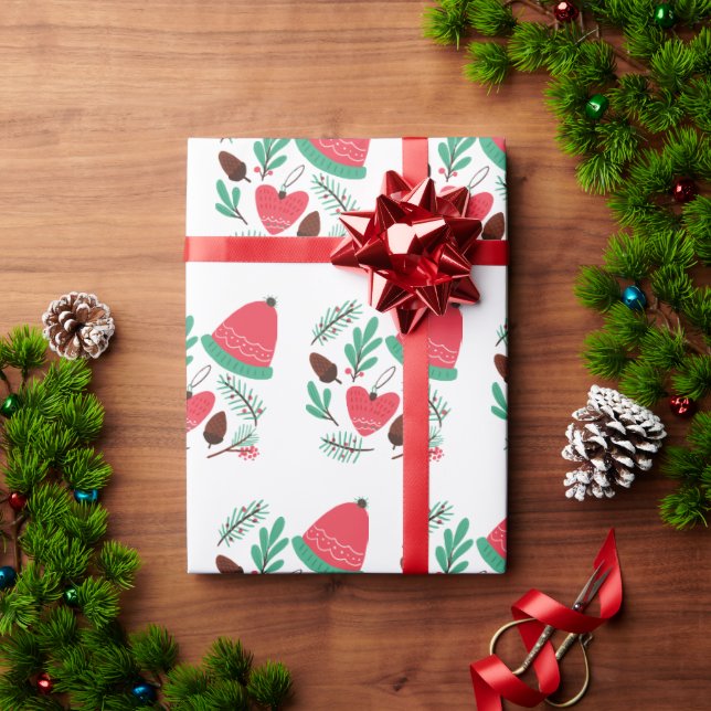 Papel De Presente Feliz Natal, Chapéu De Inverno E Pinecones (Presente de Natal)