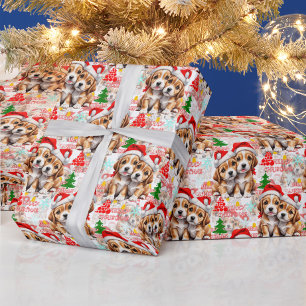 Papel De Presente Feliz Natal Chapéu do Papai Noel Cachorro Design -