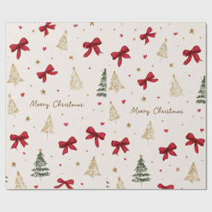 Papel De Presente Feliz Natal Chic Árvores Douradas e Laços Vermelho