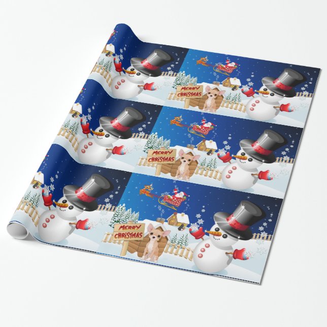 Papel De Presente Feliz Natal Chihuahua com Frosty (Desenrolado)