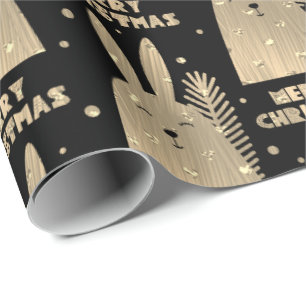 Papel De Presente Feliz Natal Coelho Sepia Dourado Preto Metálico