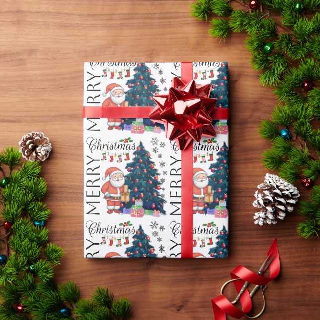 Papel De Presente Feliz Natal com Árvore, Papais noeis, presentes (Presente de Natal)