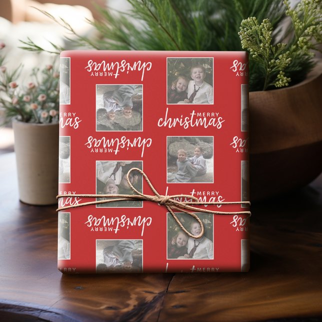 Papel De Presente Feliz Natal com Duas Fotos Quadradas - vermelho (Personalized Photo Wrapping Paper)