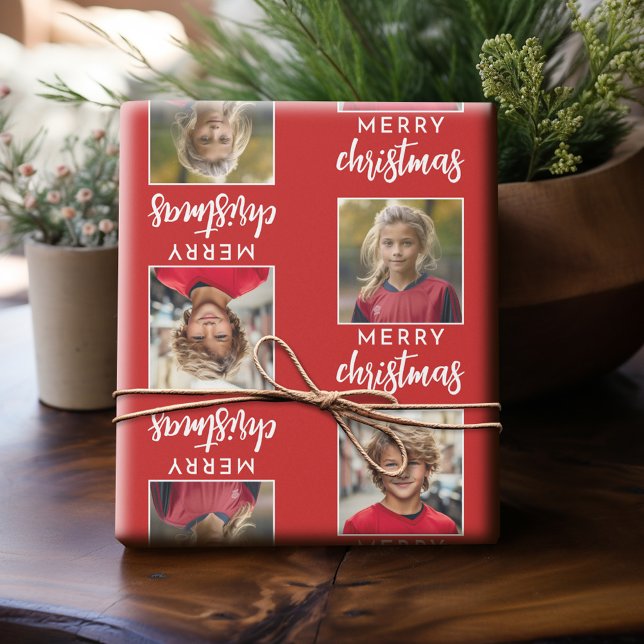 Papel De Presente Feliz Natal com Duas Fotos Quadradas - vermelho (Personalized Photo Wrapping Paper)