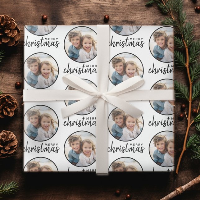 Papel De Presente Feliz Natal com Foto de Um Círculo - Branco (Personalized Christmas Wrapping Paper - Add your Photo for a festive gift!)