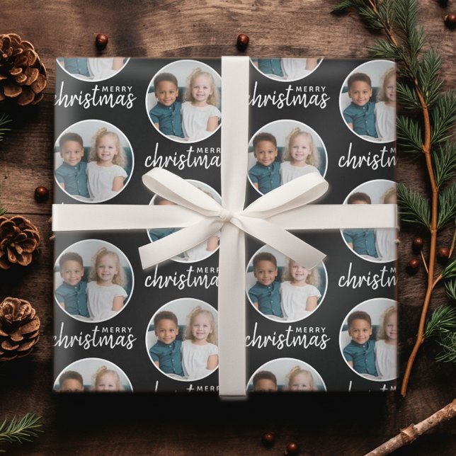 Papel De Presente Feliz Natal com Foto de Um Círculo - Preto (Personalized Christmas Wrapping Paper - Add your Photo for a festive gift!)