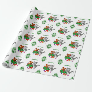 Papel De Presente Feliz Natal com Gato e Cachorro