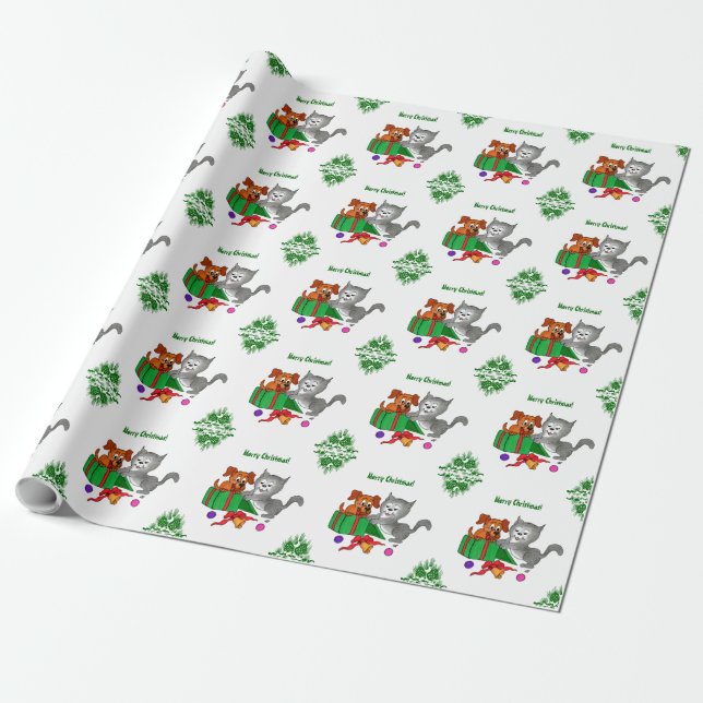 Papel De Presente Feliz Natal com Gato e Cão (Desenrolado)