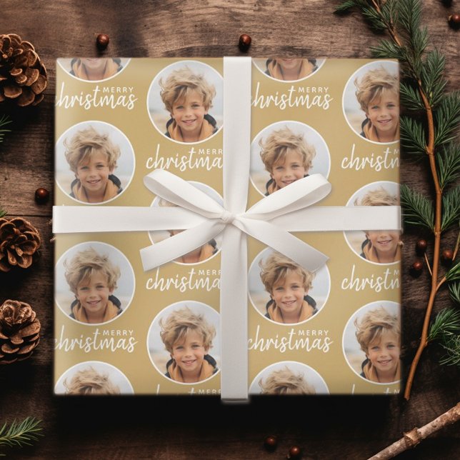 Papel De Presente Feliz Natal com uma foto de um círculo - ouro (Personalized Christmas Wrapping Paper - Add your Photo for a festive gift!)