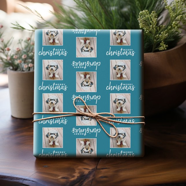 Papel De Presente Feliz Natal com uma foto quadrada - azul (Personalized Photo Wrapping Paper)