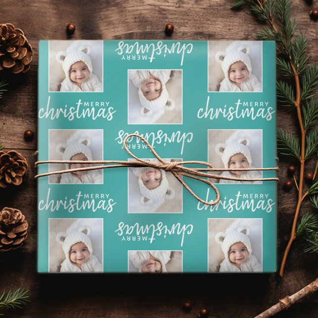 Papel De Presente Feliz Natal com uma foto quadrada - azul (Personalized Christmas Wrapping Paper - Add a photo to this festive design!)