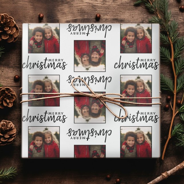 Papel De Presente Feliz Natal com uma foto quadrada - branco (Personalized Christmas Wrapping Paper - Add a photo to this festive design!)