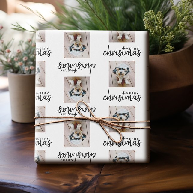 Papel De Presente Feliz Natal com uma foto quadrada - branco (Personalized Photo Wrapping Paper)