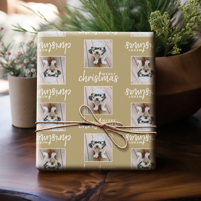 Papel De Presente Feliz Natal com uma foto quadrada - ouro (Personalized Photo Wrapping Paper)