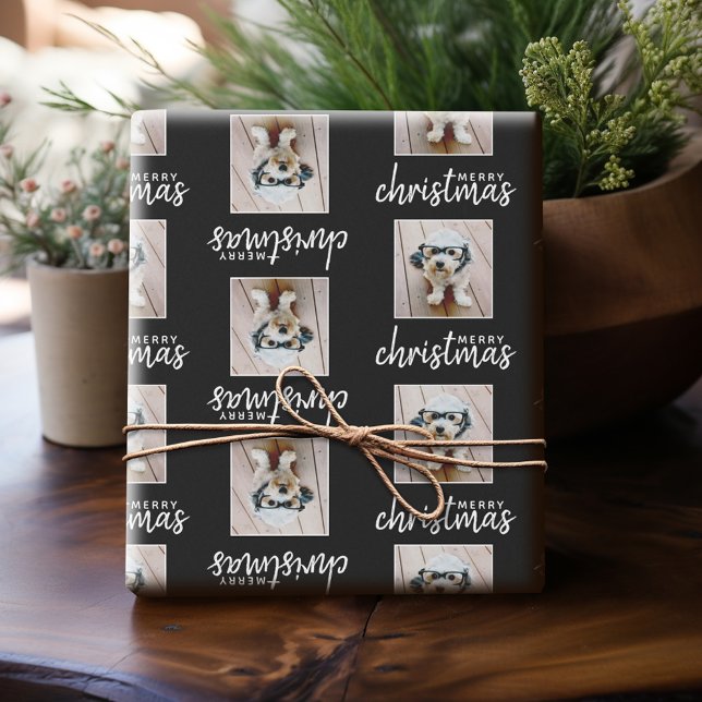 Papel De Presente Feliz Natal com uma foto quadrada - preto (Personalized Photo Wrapping Paper)