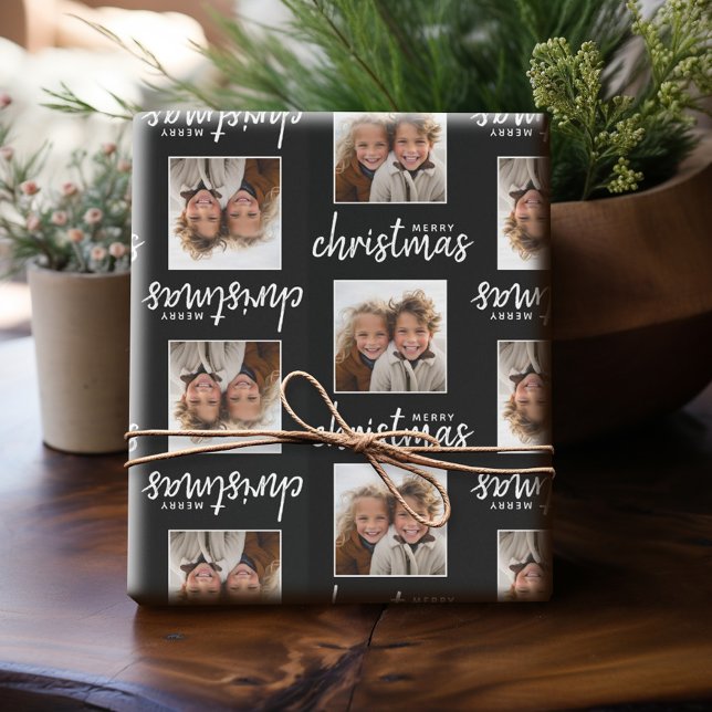 Papel De Presente Feliz Natal com uma foto quadrada - preto (Personalized wrapping paper with one photo)