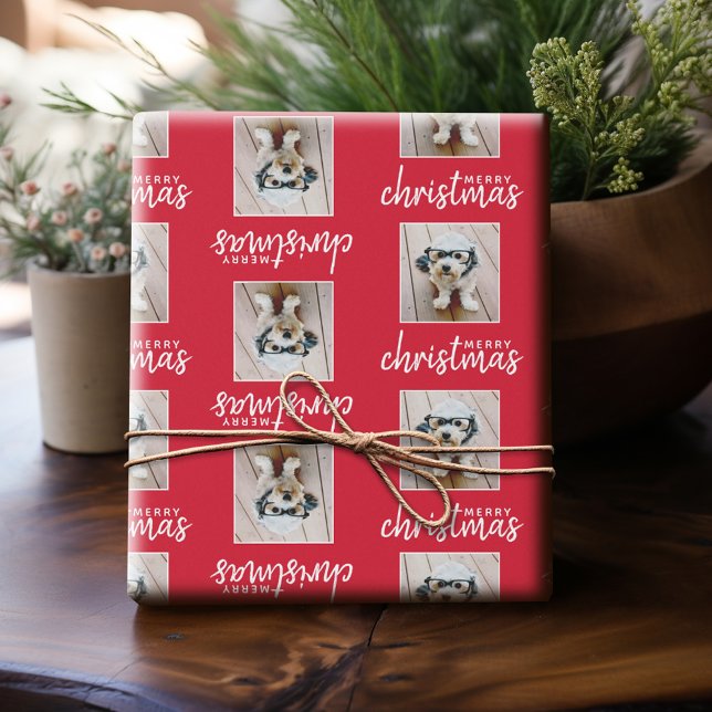 Papel De Presente Feliz Natal com uma foto quadrada - vermelho (Personalized Photo Wrapping Paper)