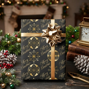 Papel De Presente Feliz Natal Decoração Preta e Dourada
