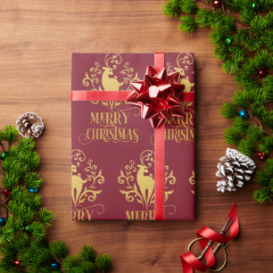 Papel De Presente Feliz Natal Deer Dourado Red Modern