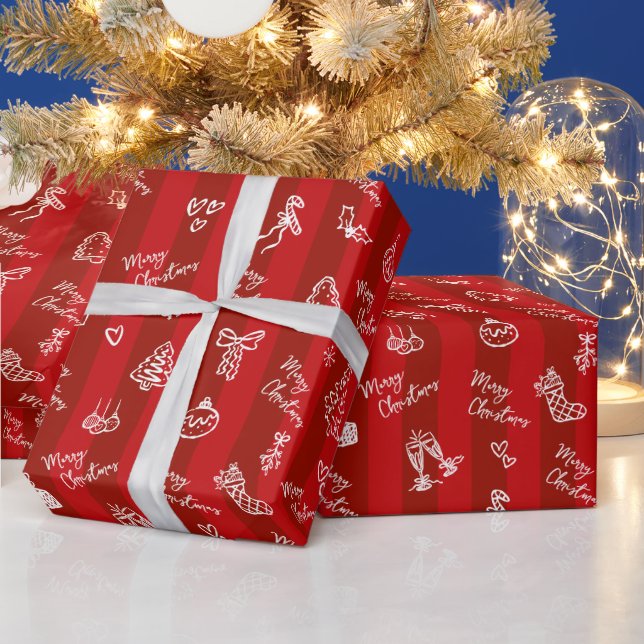 Papel De Presente Feliz Natal Desenho à Mão em Listras Vermelhas (Feriados)