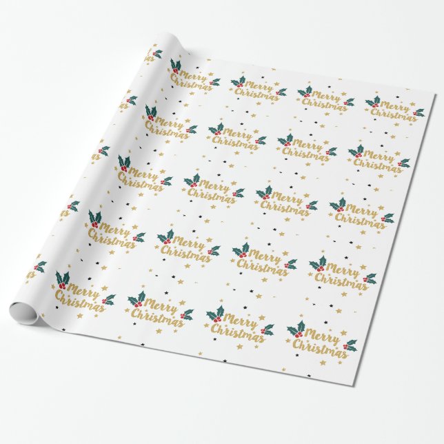 Papel De Presente Feliz Natal Dourado Design de texto de Largura (Desenrolado)