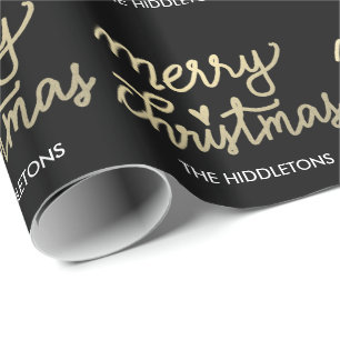 Papel De Presente Feliz Natal Dourado do falso moderno escrito à mão