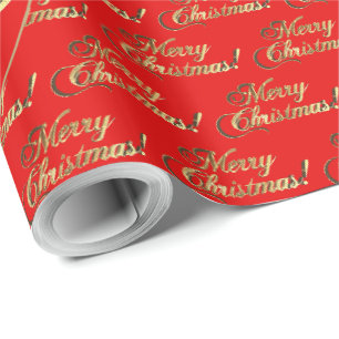 Papel De Presente Feliz Natal Dourado Folheado Script Vermelho Brilh
