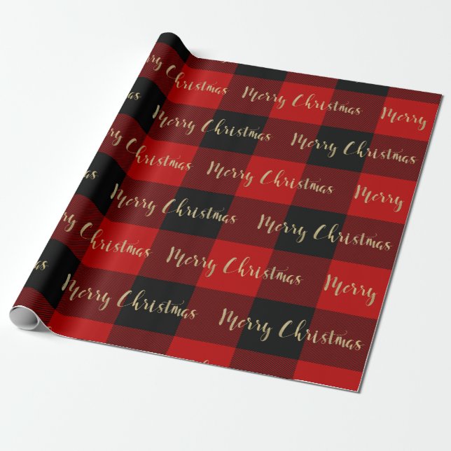Papel De Presente Feliz Natal Dourado Script Xadrez Vermelho do Búfa (Desenrolado)