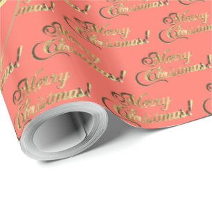 Papel De Presente Feliz Natal Elegante Coral Orange Dourado Script