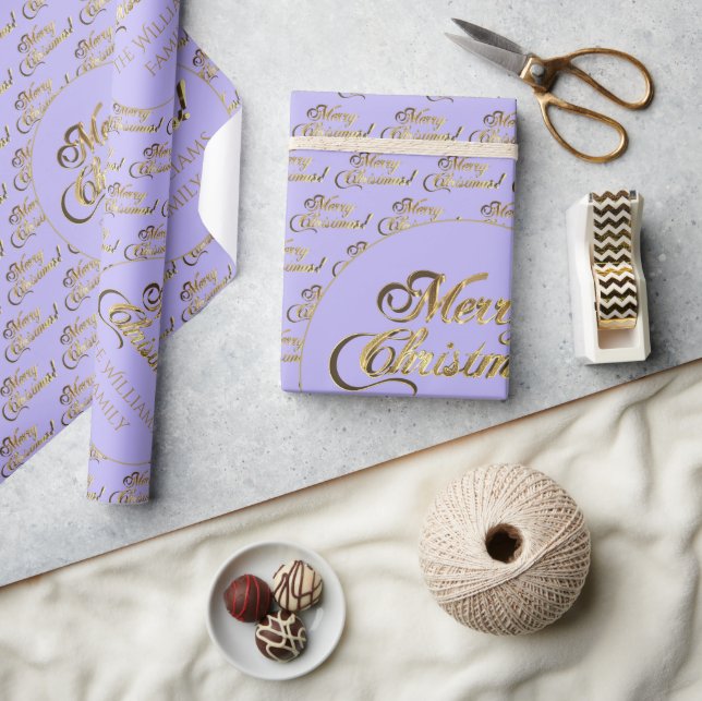 Papel De Presente Feliz Natal Elegante Dourado Script Lilac Purple (Artesanato)