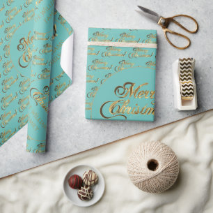 Papel De Presente Feliz Natal Elegante Faux Dourado Teal