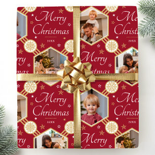 Papel De Presente Feliz Natal Elegante Foto em Floco de Neve Vermelh