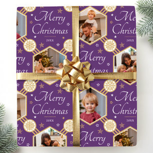 Papel De Presente Feliz Natal Elegante Foto Floco de Neve Roxo